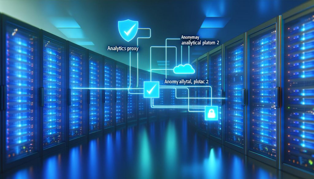 Serverraum mit Datenströmen von einer Website zu einem Analytics Proxy und weiter zu Analytics-Plattformen, Symbole für Sicherheit, Datenschutz und Cookies sichtbar.