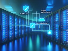 Serverraum mit Datenströmen von einer Website zu einem Analytics Proxy und weiter zu Analytics-Plattformen, Symbole für Sicherheit, Datenschutz und Cookies sichtbar.