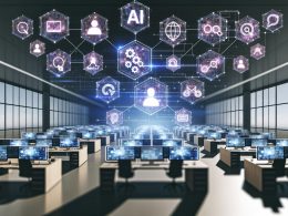 Futuristisches Großraumbüro mit Marketing-Team, digitalen Bildschirmen, Datenströmen und KI-Symbolen für moderne Arbeitsprozesse