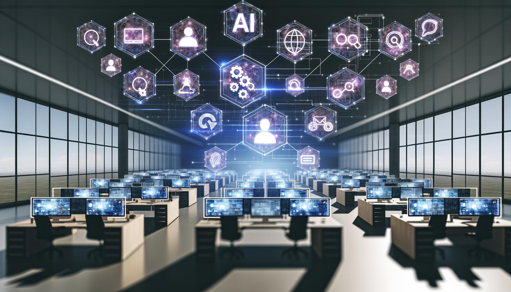 Futuristisches Großraumbüro mit Marketing-Team, digitalen Bildschirmen, Datenströmen und KI-Symbolen für moderne Arbeitsprozesse