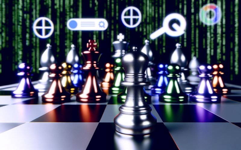 Dramatische Nahaufnahme eines modernen Schachbretts aus Metall mit verschiedenen Spielfiguren, die SEO-Elemente darstellen. Unscharfe Matrix-Datenströme und Suchmaschinen-Logos im Hintergrund, kühle Farbgebung, digitale Atmosphäre.