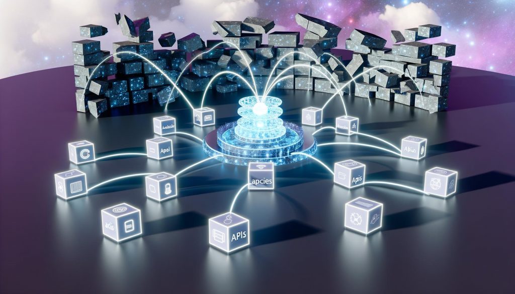 Futuristische Darstellung einer digitalen Landschaft mit verbundenen Microservices, APIs, Headless CMS und Content-Bausteinen als leuchtende, schwebende Module in einem Netzwerk