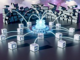 Futuristische Darstellung einer digitalen Landschaft mit verbundenen Microservices, APIs, Headless CMS und Content-Bausteinen als leuchtende, schwebende Module in einem Netzwerk