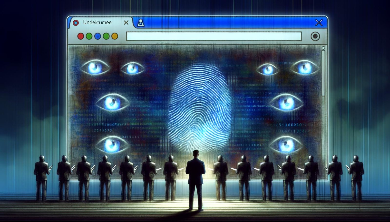 Anonymer Nutzer vor großem Browserfenster mit Code und Fingerabdrücken, beobachtet von Marketern und Überwachungsaugen