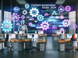 Modernes Büro mit Menschen und Roboter-Avataren an Computern, die Content-Workflows bearbeiten, umgeben von Hologrammen und digitalen Anzeigen zur Content Automation Taktik 2024.
