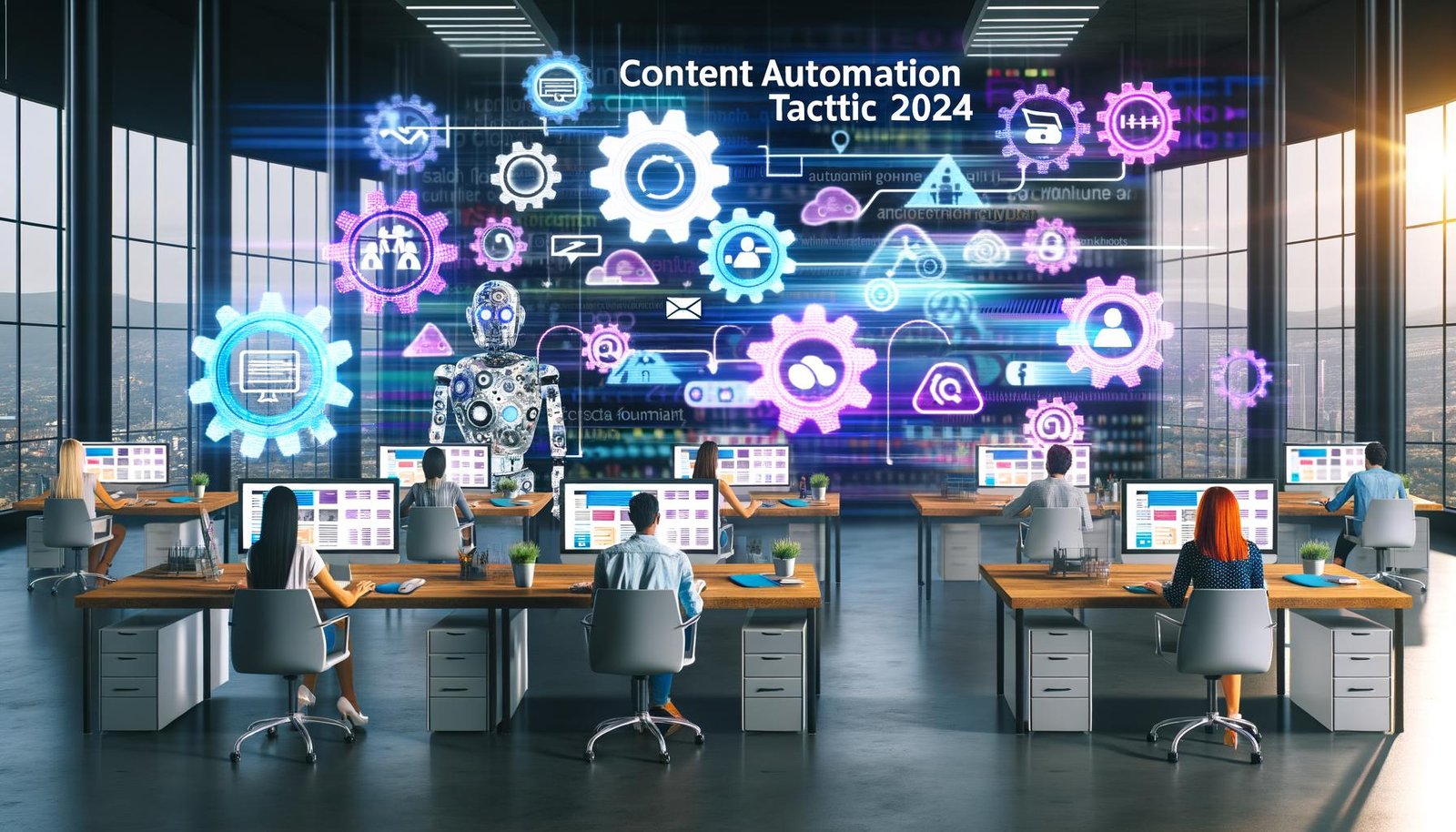 Modernes Büro mit Menschen und Roboter-Avataren an Computern, die Content-Workflows bearbeiten, umgeben von Hologrammen und digitalen Anzeigen zur Content Automation Taktik 2024.