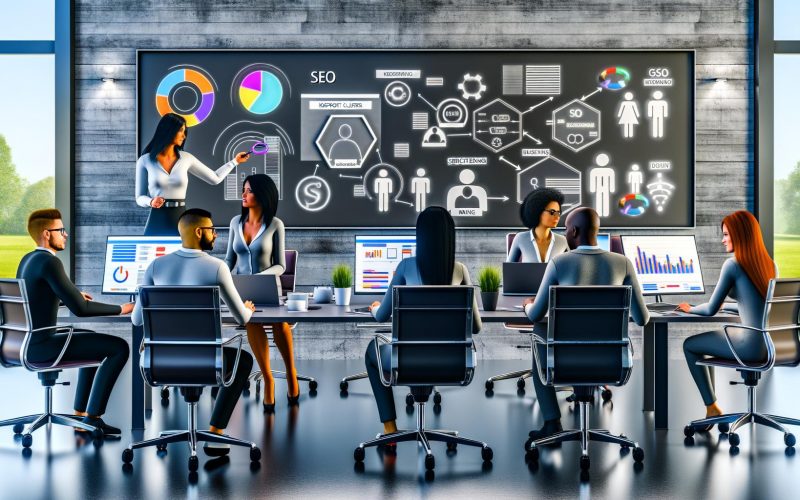 Stilisiertes SEO-Team im modernen Büro analysiert Daten auf großen Bildschirmen, brainstormt am Whiteboard und arbeitet an Laptops mit Suchmaschinen-Symbolen im Hintergrund.