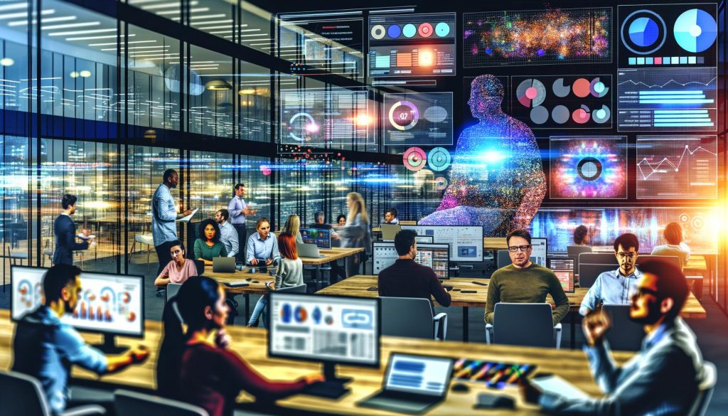 Digitale Arbeitsumgebung mit Teams bei der Analyse von Heatmaps und KI-Diagrammen vor großen Bildschirmen, im Hintergrund UX-Designer und Marketer mit Wireframes.