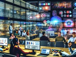 Digitale Arbeitsumgebung mit Teams bei der Analyse von Heatmaps und KI-Diagrammen vor großen Bildschirmen, im Hintergrund UX-Designer und Marketer mit Wireframes.