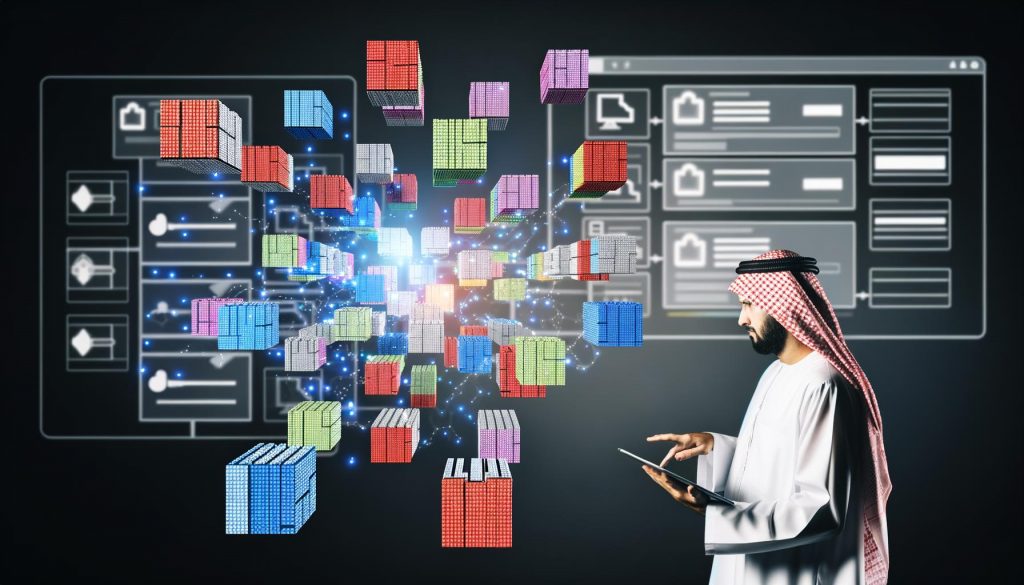 Illustration eines digitalen Arbeitsplatzes mit schwebenden, farbigen Content-Modulen, automatisierten Schnittstellen und grauen CMS-Würfeln im Hintergrund.