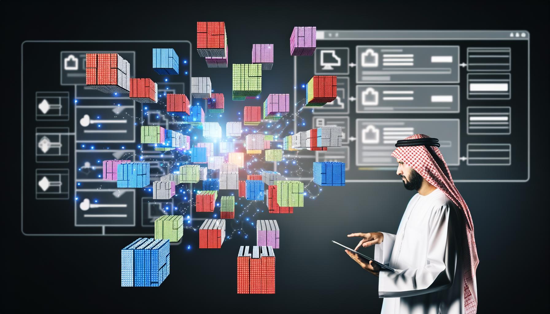 Illustration eines digitalen Arbeitsplatzes mit schwebenden, farbigen Content-Modulen, automatisierten Schnittstellen und grauen CMS-Würfeln im Hintergrund.