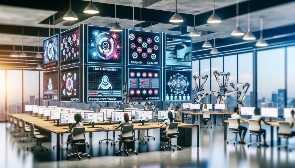 Modernes Büro mit digitalen Monitoren, die automatisierte Marketing-Workflows, API-Verbindungen und Social Media Analysen zeigen. Marketer arbeiten gemeinsam, unterstützt durch KI und Automatisierung, während traditionelle Tools verblassen.