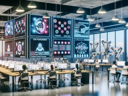 Modernes Büro mit digitalen Monitoren, die automatisierte Marketing-Workflows, API-Verbindungen und Social Media Analysen zeigen. Marketer arbeiten gemeinsam, unterstützt durch KI und Automatisierung, während traditionelle Tools verblassen.