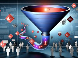 Stylisierte Visualisierung eines digitalen Marketing-Konversionsfunnels mit Warnsymbolen an Kommunikationsabbruchstellen, Nutzerfiguren und Datenanalyse-Elementen.