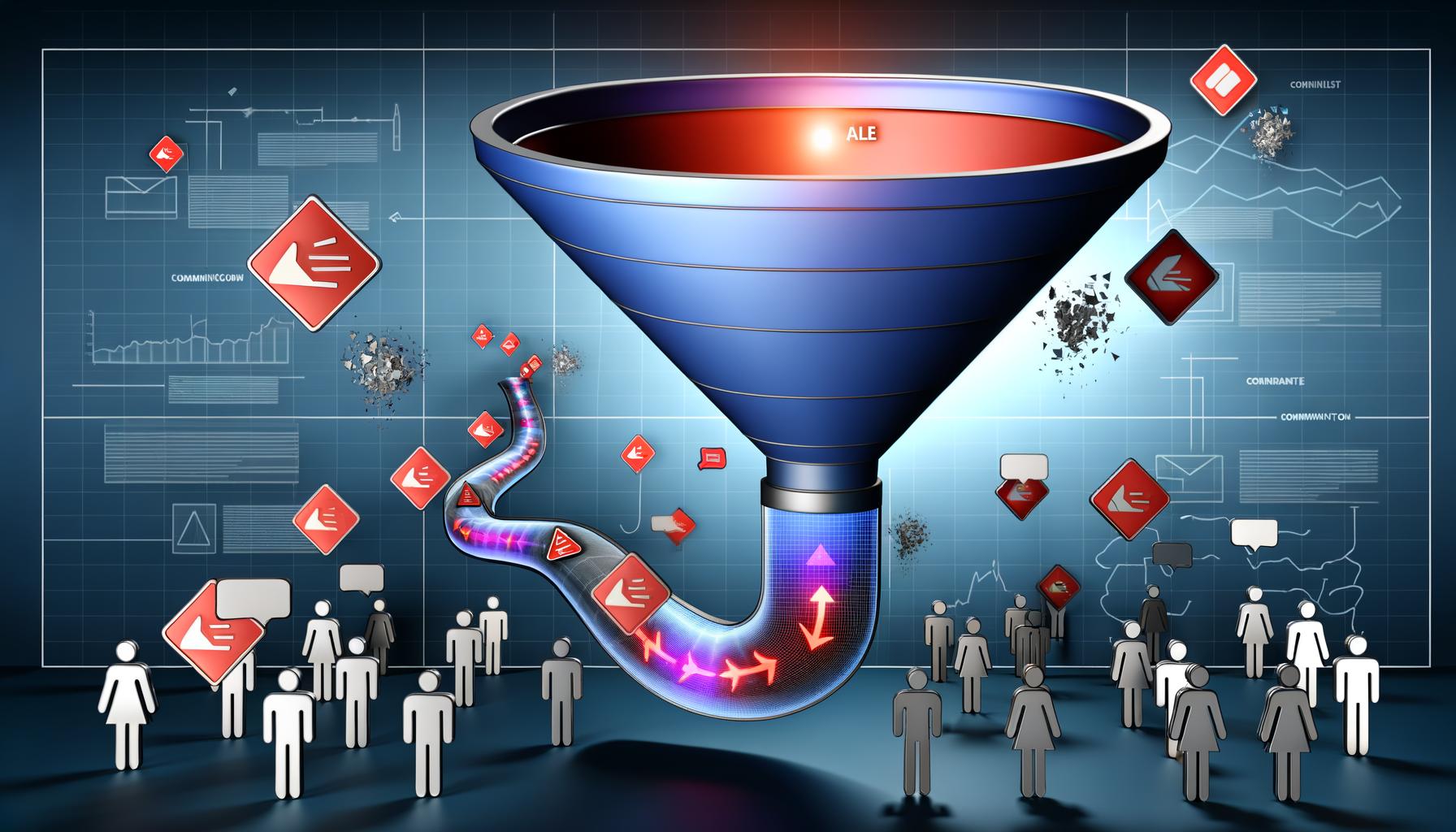 Stylisierte Visualisierung eines digitalen Marketing-Konversionsfunnels mit Warnsymbolen an Kommunikationsabbruchstellen, Nutzerfiguren und Datenanalyse-Elementen.