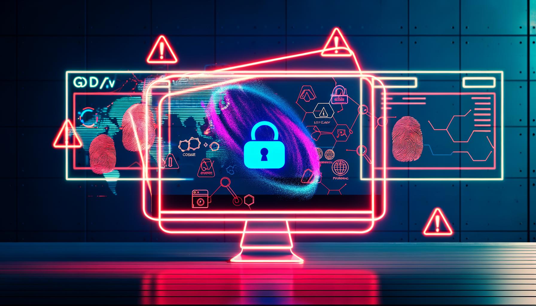 Hochmoderner Arbeitsplatz mit Monitoren, auf denen Web-Analytics-Diagramme und Datenschutz-Warnungen angezeigt werden. Im Vordergrund ein Browser mit Cookie-, Local-Storage- und Fingerprint-Symbolen, eingerahmt von DSGVO- und Datenschutz-Icons, im Hintergrund eine Drahtseilakt-Silhouette.