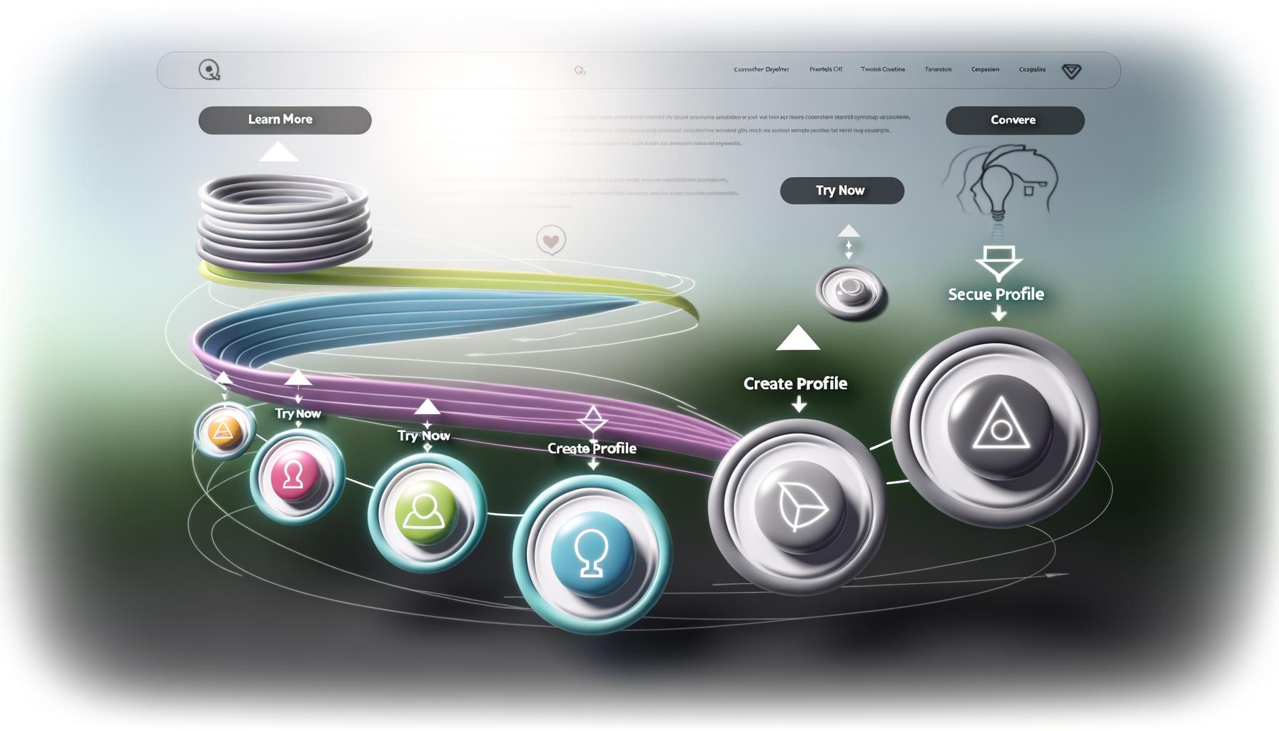 Modernes Website-Interface mit mehreren, übereinander liegenden Buttons und Hinweispfeilen, dahinter eine Funnel-Grafik mit Progress-Bar und Trust-Elementen.