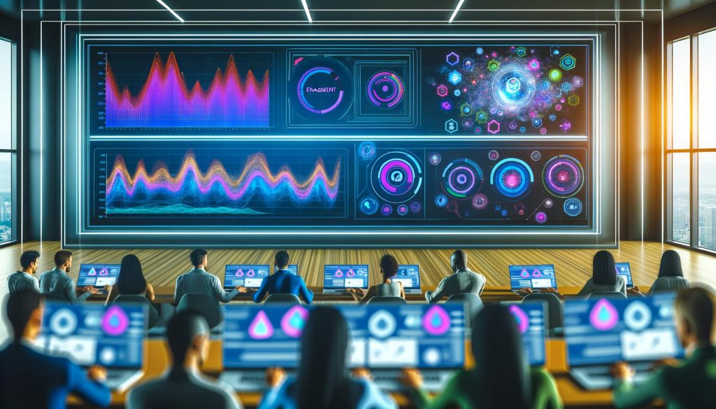 Modernes Control-Room mit Teams vor Laptops, bunten Echtzeit-Dashboards und KI-Visualisierungen in einer digitalen Hightech-Umgebung