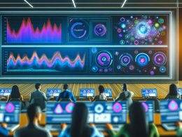 Modernes Control-Room mit Teams vor Laptops, bunten Echtzeit-Dashboards und KI-Visualisierungen in einer digitalen Hightech-Umgebung