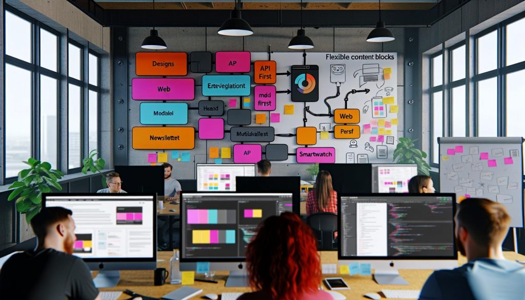 Offene, moderne Arbeitsumgebung mit Kreativteam, das an Headless-API-Integrationen für modulare Content-Blöcke arbeitet. Im Zentrum befindet sich ein Moodboard mit Skizzen und Verbindungslinien zu Web, App, Newsletter und Smartwatch.