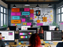 Offene, moderne Arbeitsumgebung mit Kreativteam, das an Headless-API-Integrationen für modulare Content-Blöcke arbeitet. Im Zentrum befindet sich ein Moodboard mit Skizzen und Verbindungslinien zu Web, App, Newsletter und Smartwatch.