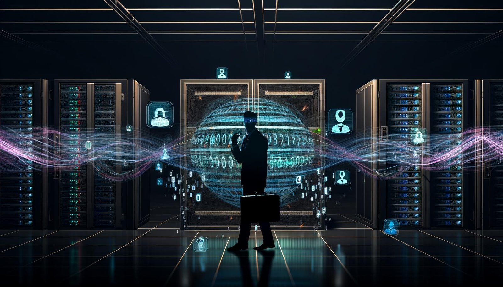 Ein technischer Maschinenraum mit Serverracks, blinkenden Netzwerkgeräten und durchziehenden Datenströmen, dominiert von einem großen Browser-Fenster mit Binärcodes und ID-Symbolen. Eine Business-Person mit Aktentasche steht rechts, ein maskierter Datenschützer links, beide vor moderner, angespannt wirkender Szenerie.