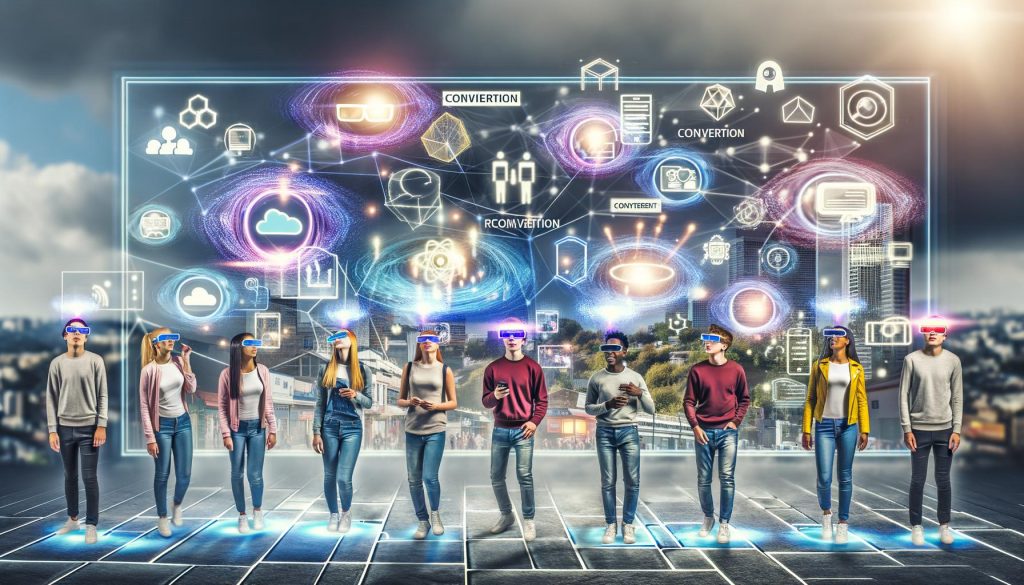 Junge, diverse Menschen betrachten mit Smartphones und AR-Brillen schwebende 3D-Objekte, animierte Werbung und Markenlogos, umgeben von digitalen Datenströmen in einer modernen Stadtlandschaft.