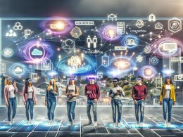 Junge, diverse Menschen betrachten mit Smartphones und AR-Brillen schwebende 3D-Objekte, animierte Werbung und Markenlogos, umgeben von digitalen Datenströmen in einer modernen Stadtlandschaft.