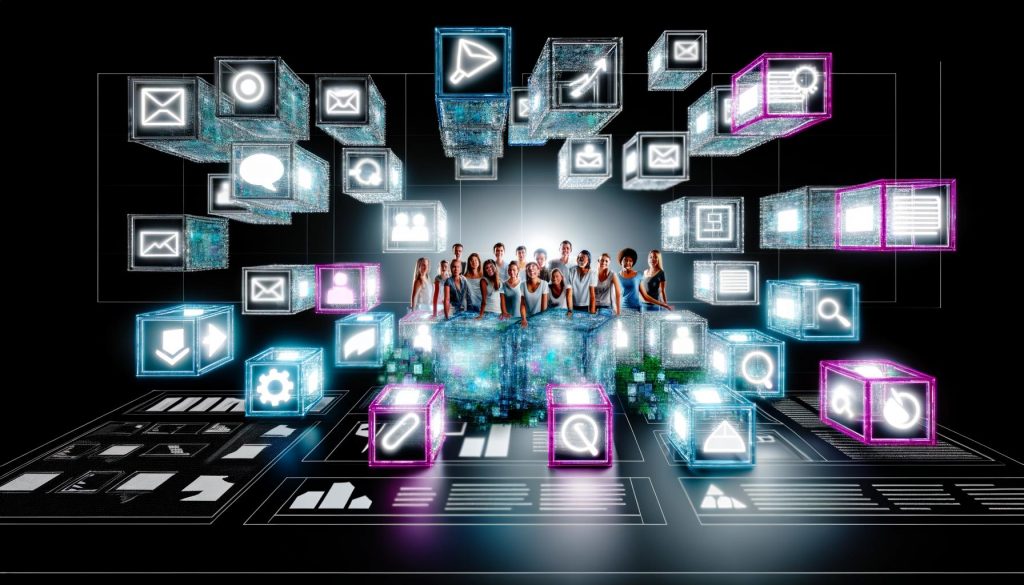 Dynamischer, futuristischer Marketing-Workspace mit diversen jungen Marketers und leuchtenden, modularen Content-Bausteinen auf einer transparenten UI. Im Hintergrund sind Website, App, Social Media und IoT-Kanäle miteinander vernetzt.