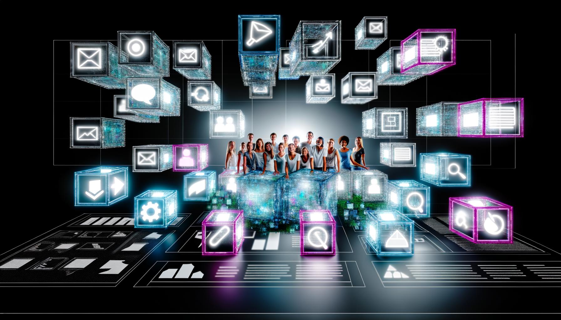 Dynamischer, futuristischer Marketing-Workspace mit diversen jungen Marketers und leuchtenden, modularen Content-Bausteinen auf einer transparenten UI. Im Hintergrund sind Website, App, Social Media und IoT-Kanäle miteinander vernetzt.