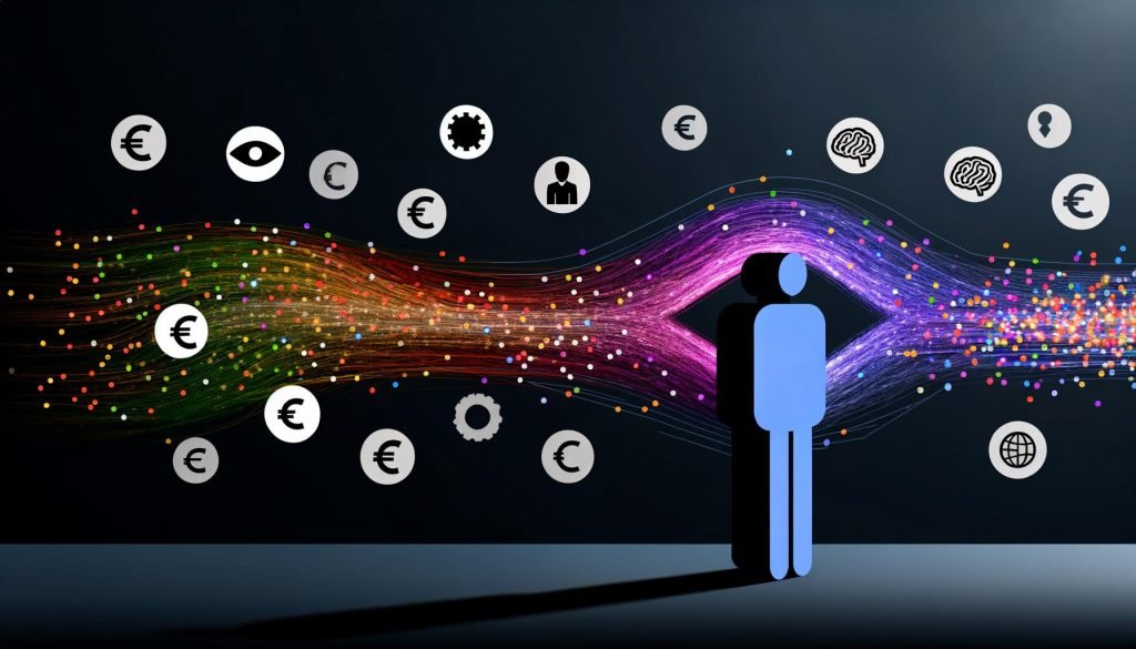 Stilisiertes Titelbild: Bunte Datenlinien formen eine menschliche Silhouette, umgeben von Icons wie Auge, Gehirn, Zahnrädern, Euro-Zeichen und Wachstumskurve auf dunklem Hintergrund.