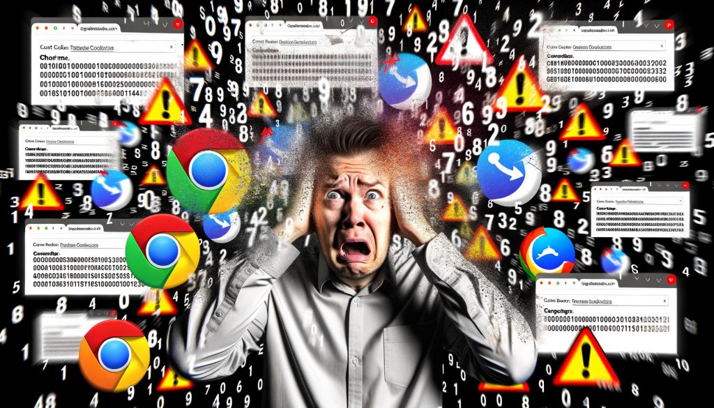 Gestresster Online-Marketing-Manager zwischen explodierenden Zahlen, Debugging-Icons, Consent-Bannern und Tracking-Warnsymbolen in Browsern, Symbol für verlorene Datenkontrolle.