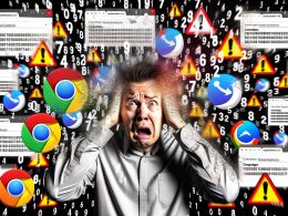 Gestresster Online-Marketing-Manager zwischen explodierenden Zahlen, Debugging-Icons, Consent-Bannern und Tracking-Warnsymbolen in Browsern, Symbol für verlorene Datenkontrolle.