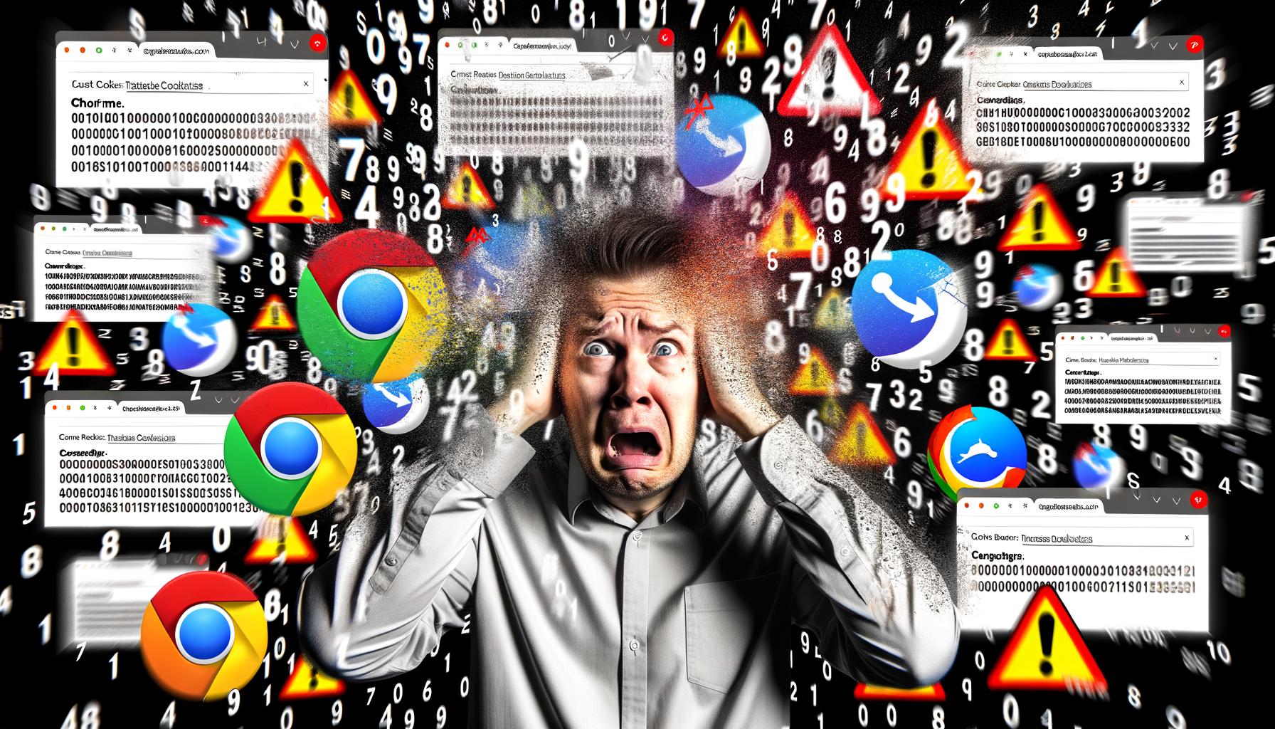 Gestresster Online-Marketing-Manager zwischen explodierenden Zahlen, Debugging-Icons, Consent-Bannern und Tracking-Warnsymbolen in Browsern, Symbol für verlorene Datenkontrolle.