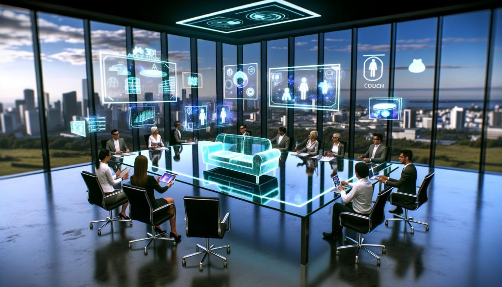 Futuristisches Büro mit Marketingteam bei einer kreativen Sitzung, umgeben von 3D-AR-Hologrammen, modernen Grafiken und einem Smartphone mit AR-Sofadarstellung vor Stadtblick.