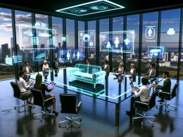 Futuristisches Büro mit Marketingteam bei einer kreativen Sitzung, umgeben von 3D-AR-Hologrammen, modernen Grafiken und einem Smartphone mit AR-Sofadarstellung vor Stadtblick.