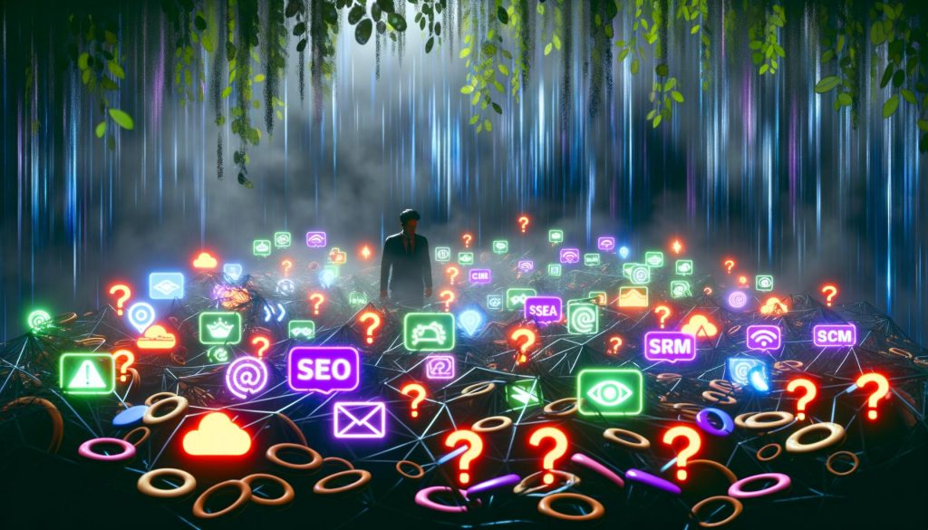 Verlorener Geschäftsmann im nebligen Dschungel schwebender Marketing-Logos, Datenlinien, zerbrochener Cookies und Hindernissen wie Tracking-Pixeln, Consent-Bannern und Adblocker-Schildern vor einem chaotischen Analytics-Dashboard.