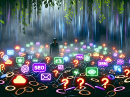 Verlorener Geschäftsmann im nebligen Dschungel schwebender Marketing-Logos, Datenlinien, zerbrochener Cookies und Hindernissen wie Tracking-Pixeln, Consent-Bannern und Adblocker-Schildern vor einem chaotischen Analytics-Dashboard.