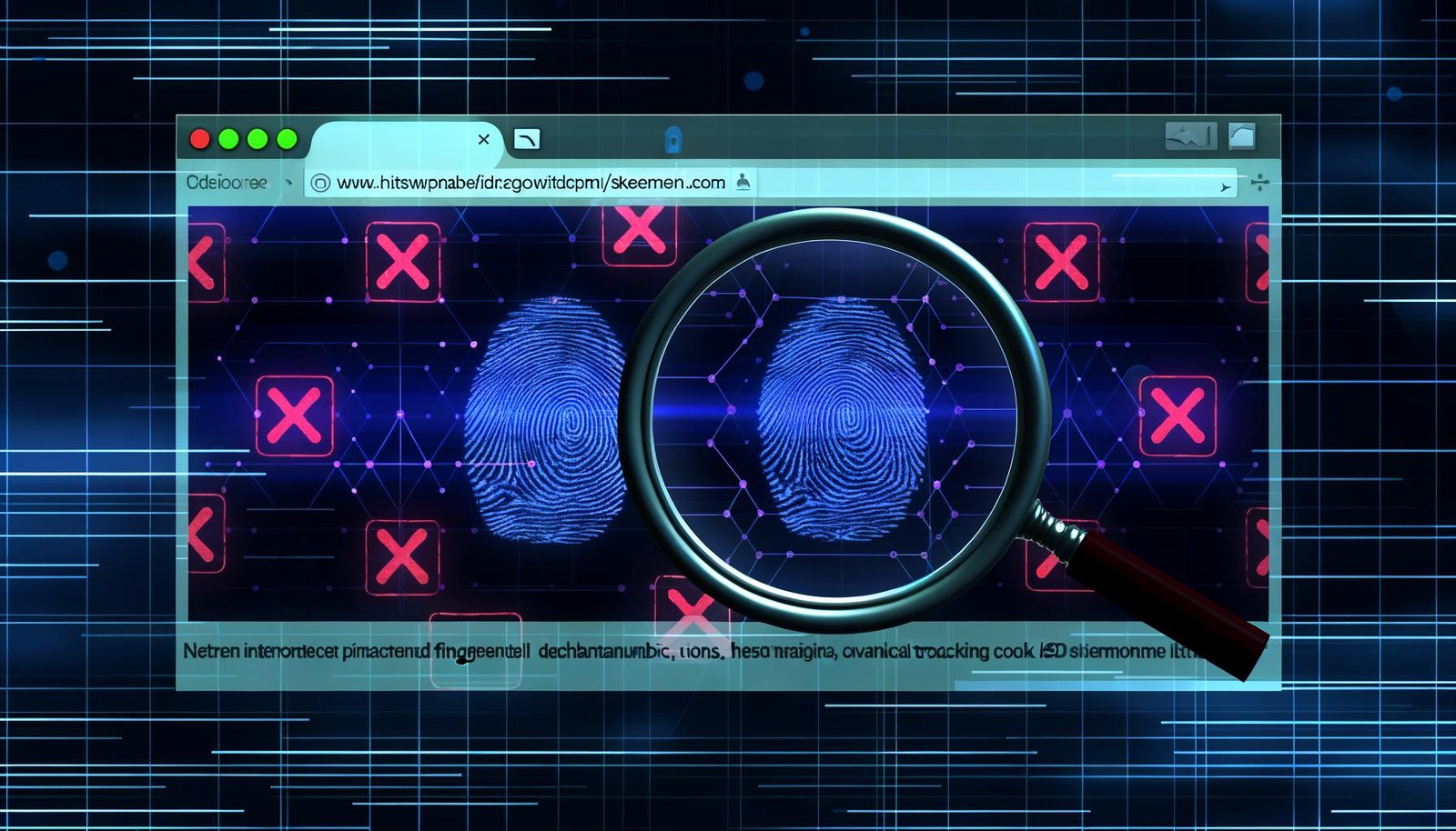 Illustration mit Lupe über Browserfenster, digitale Fingerabdrücke, Geräte-Icons und alphanumerische IDs, im Hintergrund verblasste Cookies mit roten X-Markierungen.