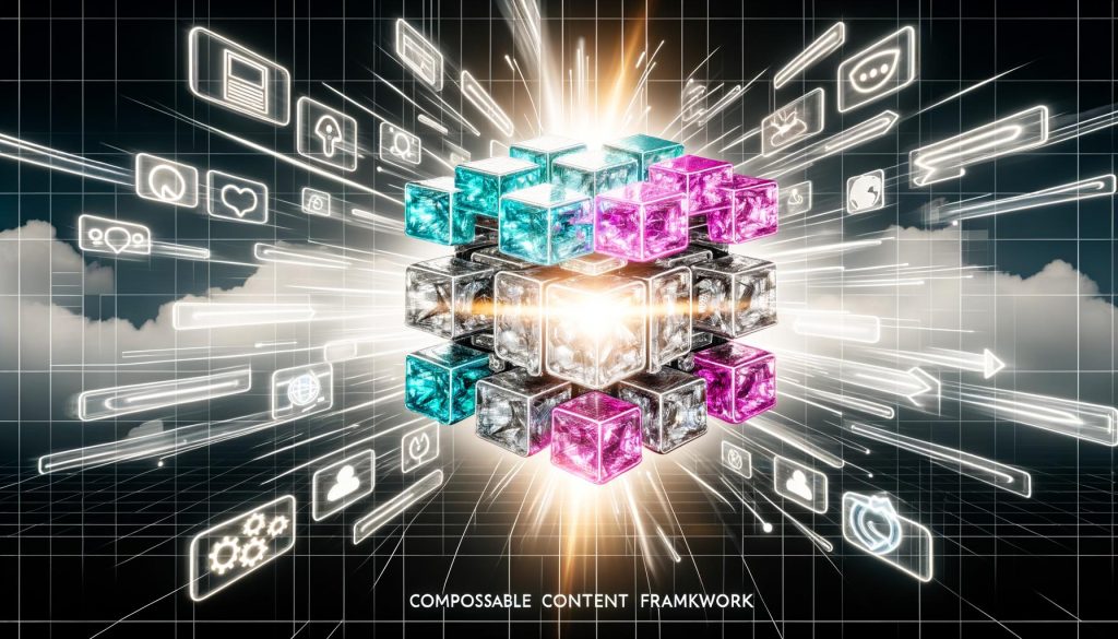 Futuristisches Titelbild zeigt Übergang von starren, grauen CMS-Systemen zu leuchtenden, modularen Content-Blöcken, die durch API-Datenströme zu digitalen Touchpoints verbunden sind.