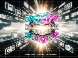 Futuristisches Titelbild zeigt Übergang von starren, grauen CMS-Systemen zu leuchtenden, modularen Content-Blöcken, die durch API-Datenströme zu digitalen Touchpoints verbunden sind.