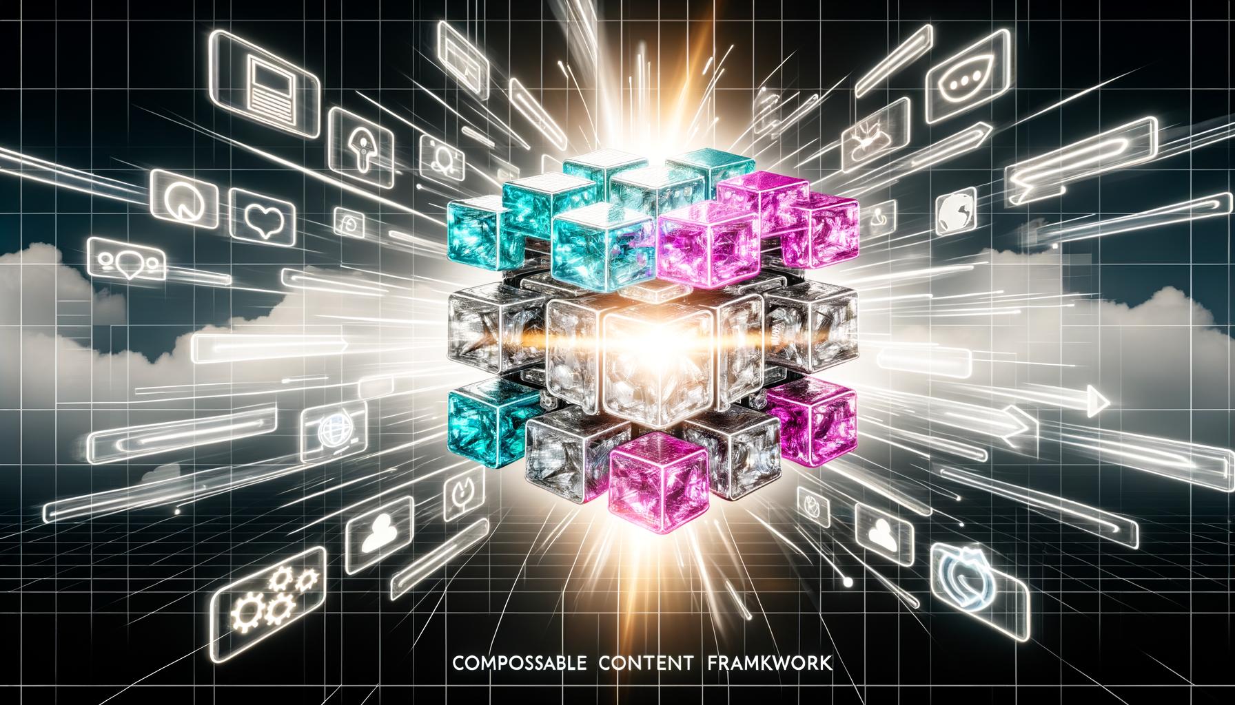 Futuristisches Titelbild zeigt Übergang von starren, grauen CMS-Systemen zu leuchtenden, modularen Content-Blöcken, die durch API-Datenströme zu digitalen Touchpoints verbunden sind.