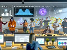 Dynamischer Workspace: Team analysiert Augmented-Reality-Daten und Dashboards in modernem Agenturbüro