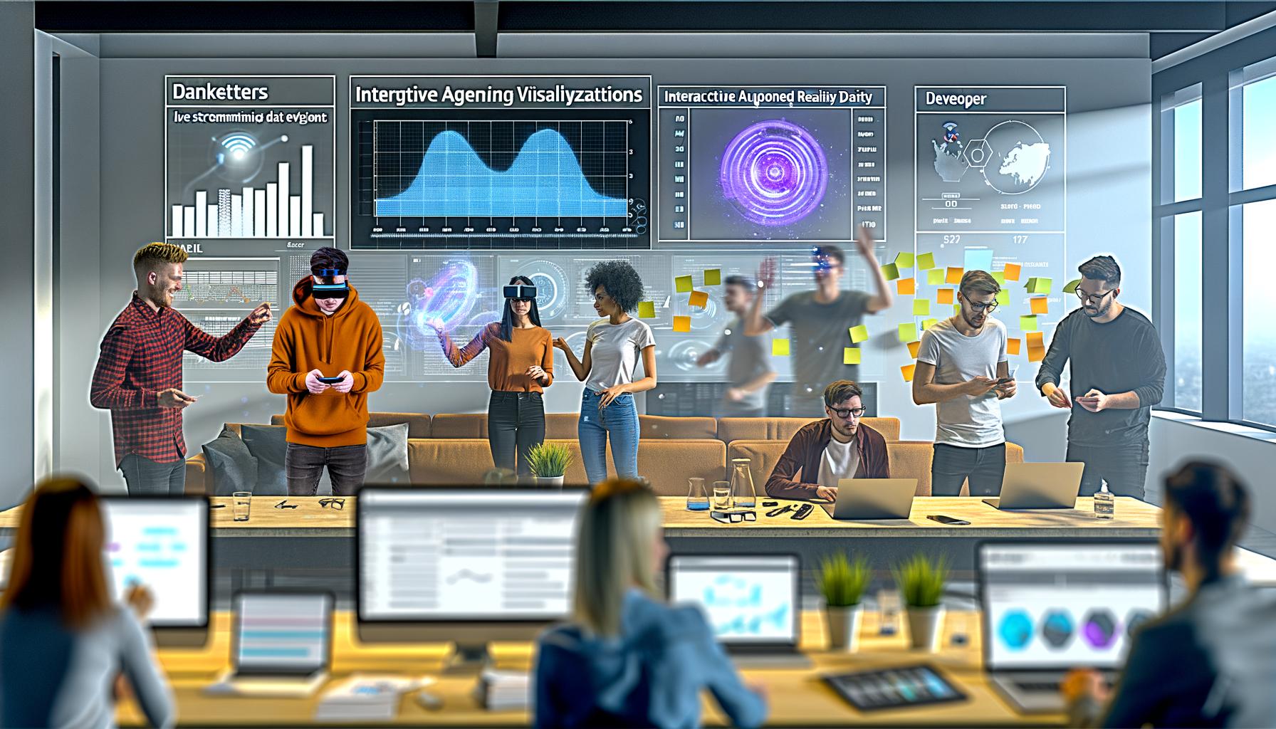 Dynamischer Workspace: Team analysiert Augmented-Reality-Daten und Dashboards in modernem Agenturbüro
