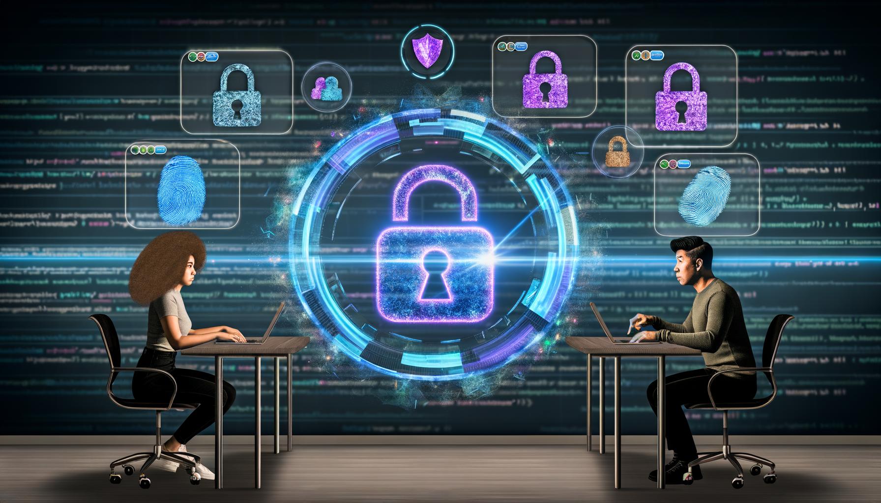 Futuristischer Arbeitsplatz mit Marketern, digitalen Datendisplays, zerbrechenden Cookie-Icons und Browser-ID im Fokus, umgeben von Datenschutzsymbolen.