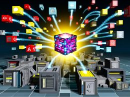 Futuristische Illustration einer digitalen Steuerzentrale mit leuchtendem Headless CMS-Würfel, API-Leitungen und modularen Microservices für verschiedene digitale Kanäle, während alte graue CMS-Blöcke im Hintergrund aufbrechen.