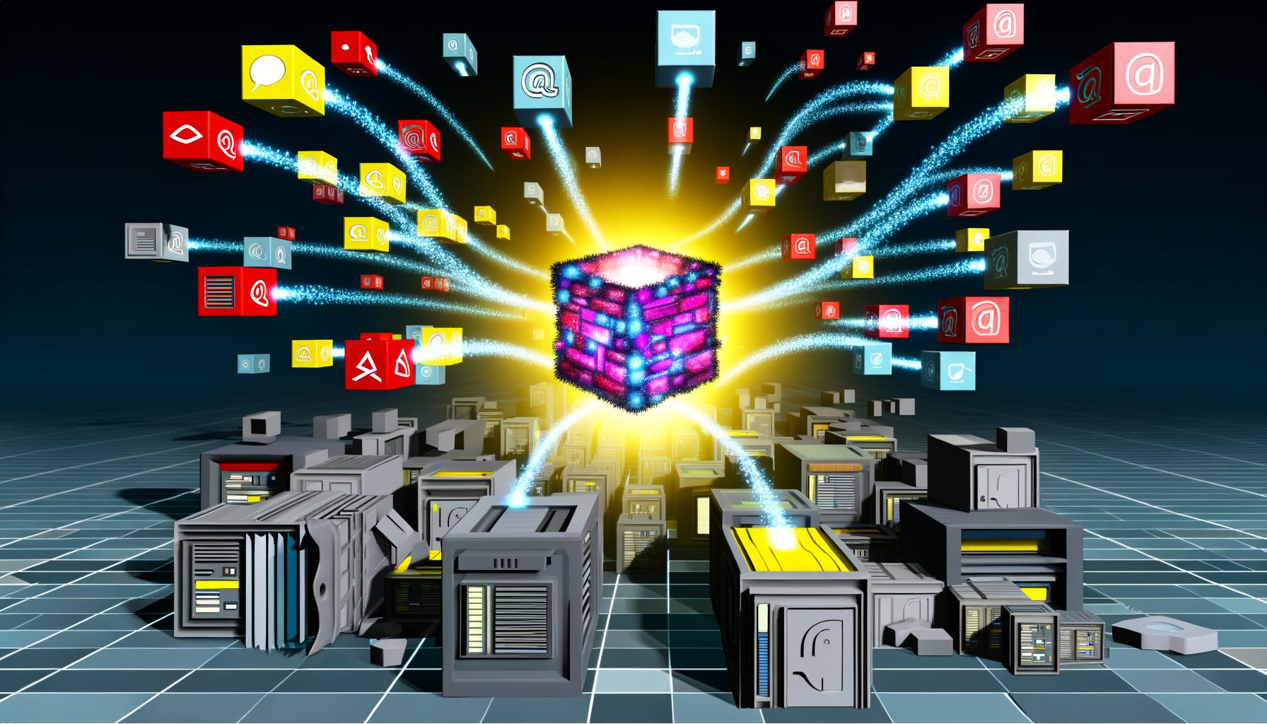 Futuristische Illustration einer digitalen Steuerzentrale mit leuchtendem Headless CMS-Würfel, API-Leitungen und modularen Microservices für verschiedene digitale Kanäle, während alte graue CMS-Blöcke im Hintergrund aufbrechen.