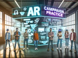 Junges, diverses Team aus Marketers und Entwicklern in modernem Loft-Office mit holografischen User-Interfaces, 3D-Produkten und AR-Brillen vor beleuchtetem Schriftzug 'AR Campaign Praxis'.