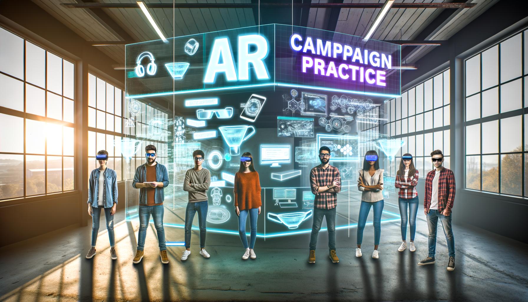 Junges, diverses Team aus Marketers und Entwicklern in modernem Loft-Office mit holografischen User-Interfaces, 3D-Produkten und AR-Brillen vor beleuchtetem Schriftzug 'AR Campaign Praxis'.