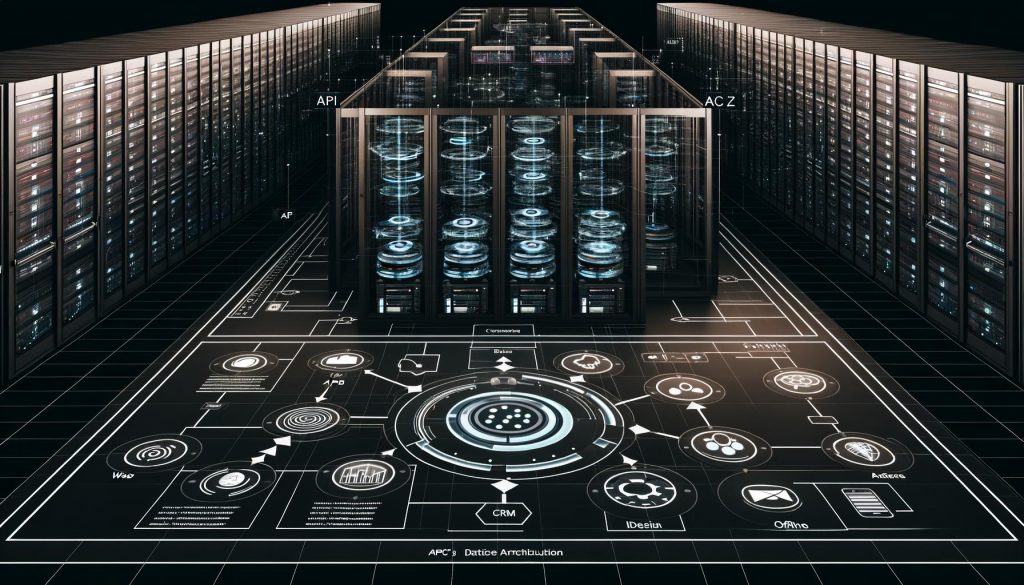 Futuristischer Datenmaschinenraum mit Serverracks, leuchtenden Schnittstellen, Datenpaketen und Architektur-Blueprint für APIs, Datenquellen und KI.